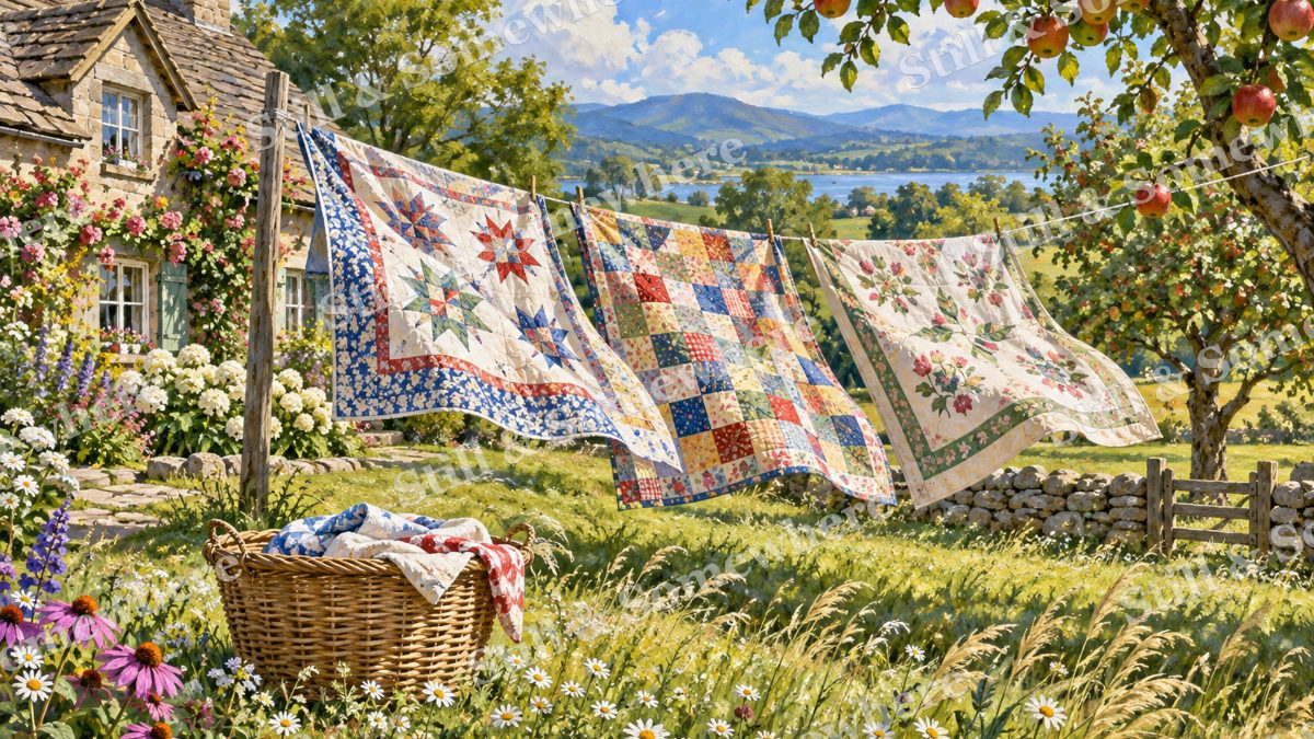 Sunlit Quilts on the Clothesline, cottages artwork preview