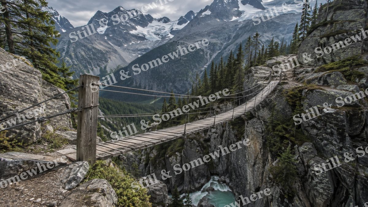 Wooden Footbridge Alpine Gorge, mountains artwork preview