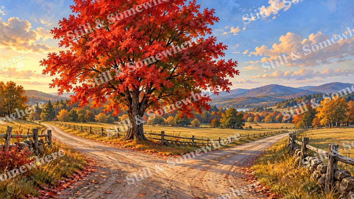 Maple beside the Country Crossroads, early autumn countryside artwork preview