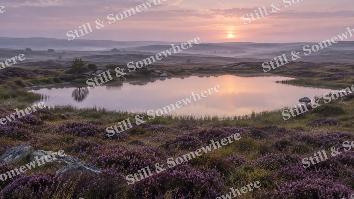 Landscapes Soft Dawn Over Heather and a Quiet Loch, peaceful landscapes artwork preview