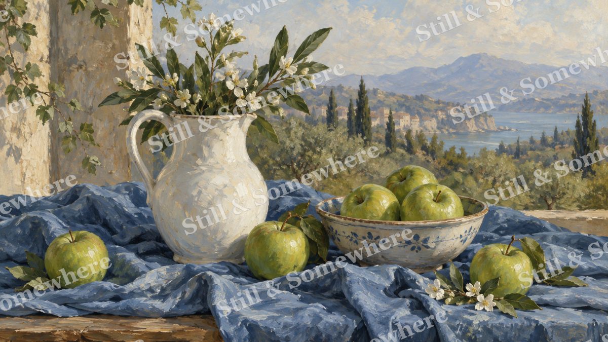 Green Apples and a White Pitcher, paintings artwork preview