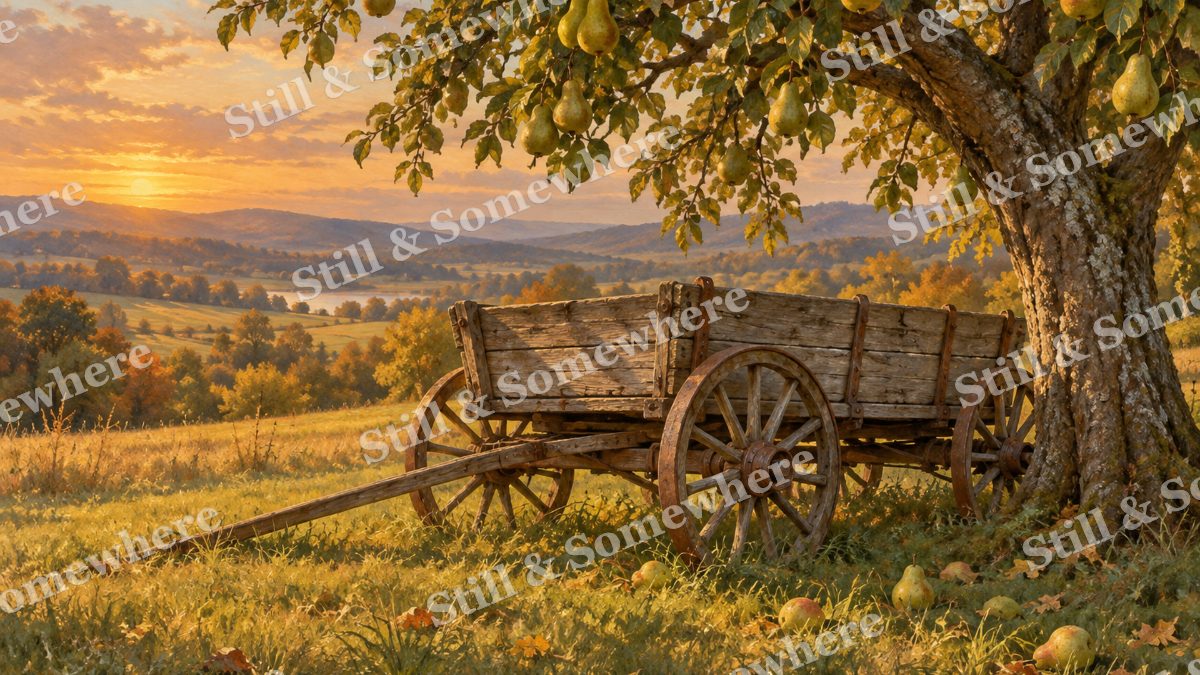 Old Wagon beneath the Pear Tree, early autumn countryside artwork preview