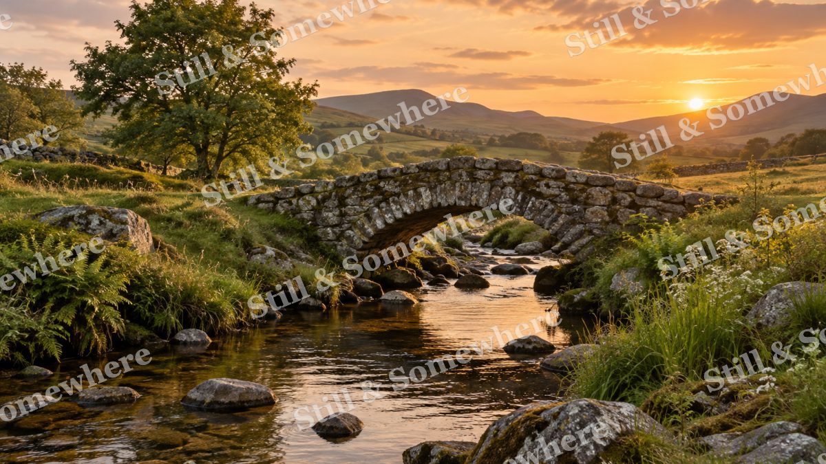 Landscapes Warm Light on a Stone Bridge and Brook, peaceful landscapes artwork preview