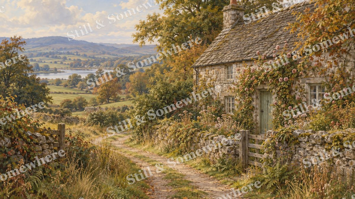 Stone Cottage beside the Bridle Path, early autumn countryside artwork preview