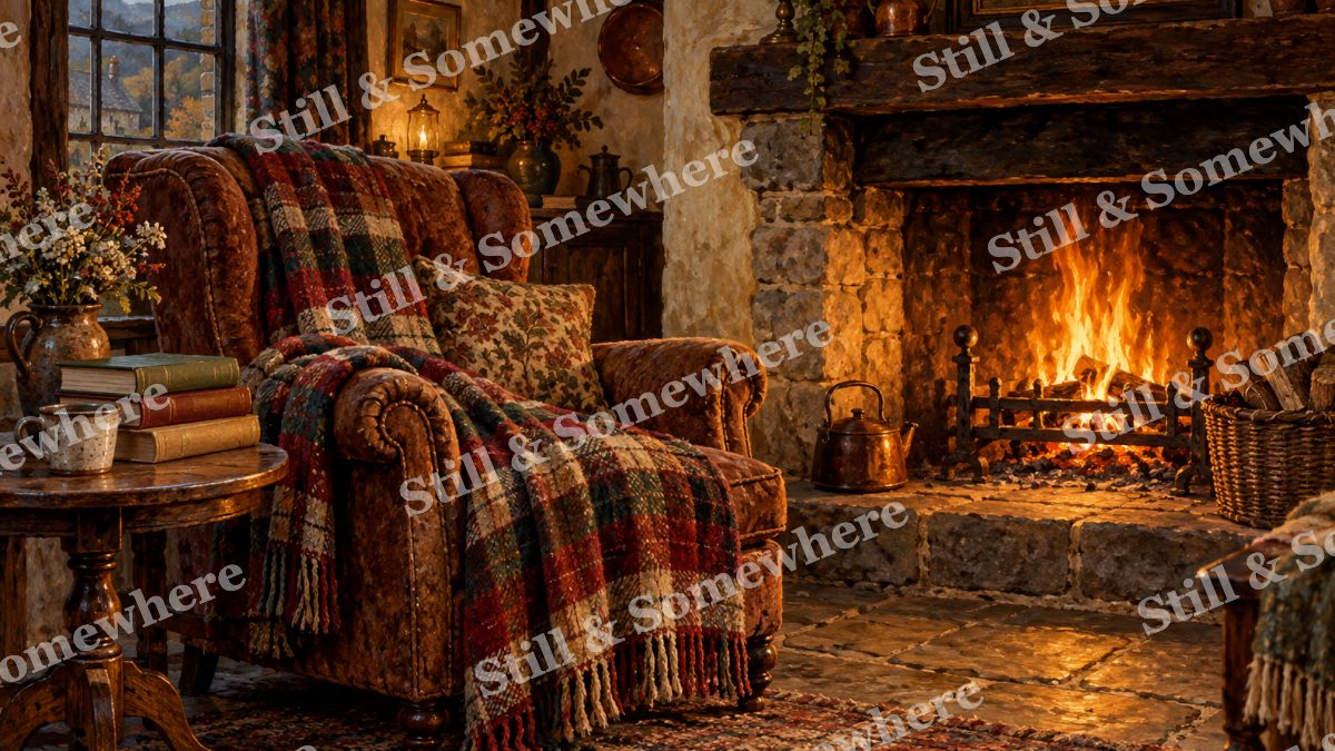 Fireside Chair and Checked Blanket, cottages artwork preview