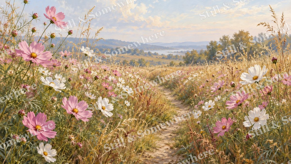 Cosmos along the Meadow Path, botanicals artwork preview