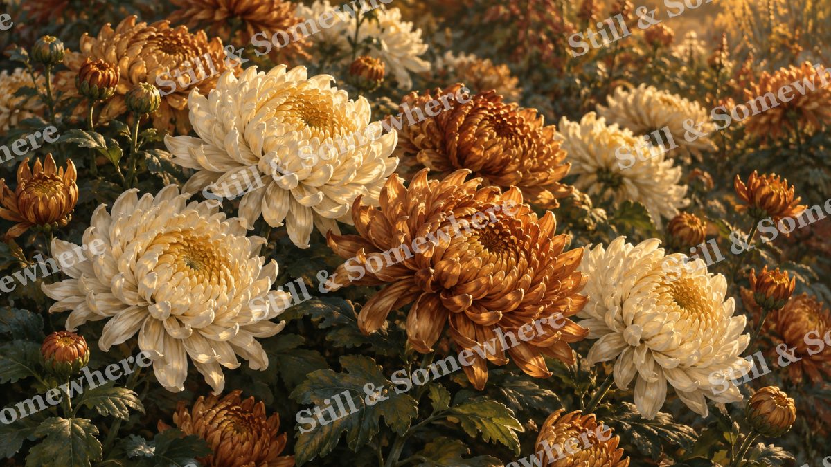 Chrysanthemums in Bronze Light, botanicals artwork preview