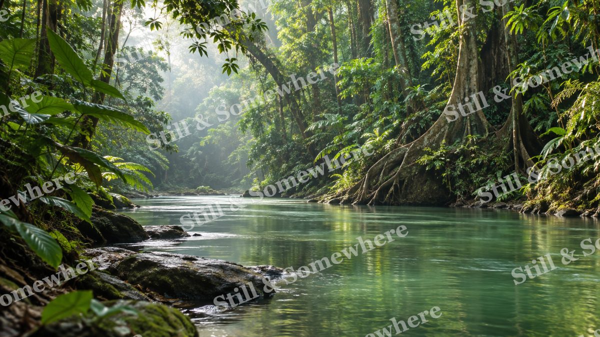 Jungle River Beneath Broad Leaves, scenery artwork preview