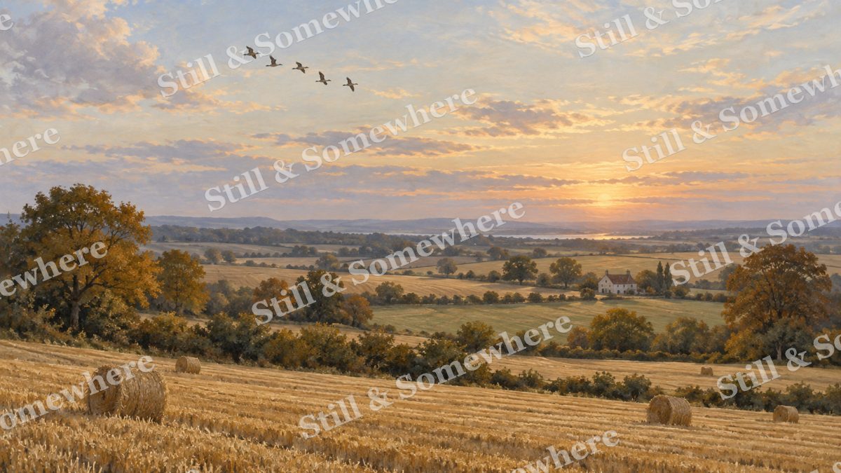 Geese above the Harvest Fields, early autumn countryside artwork preview