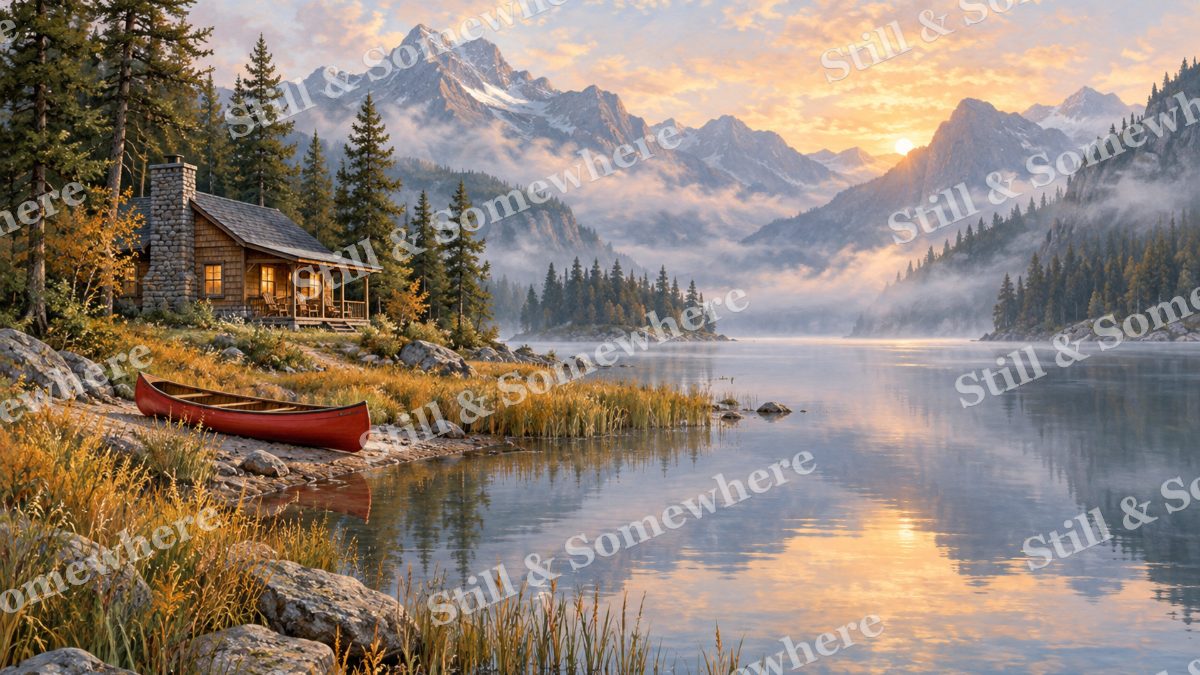 Lakeside Cottage with Red Canoe, cottages artwork preview