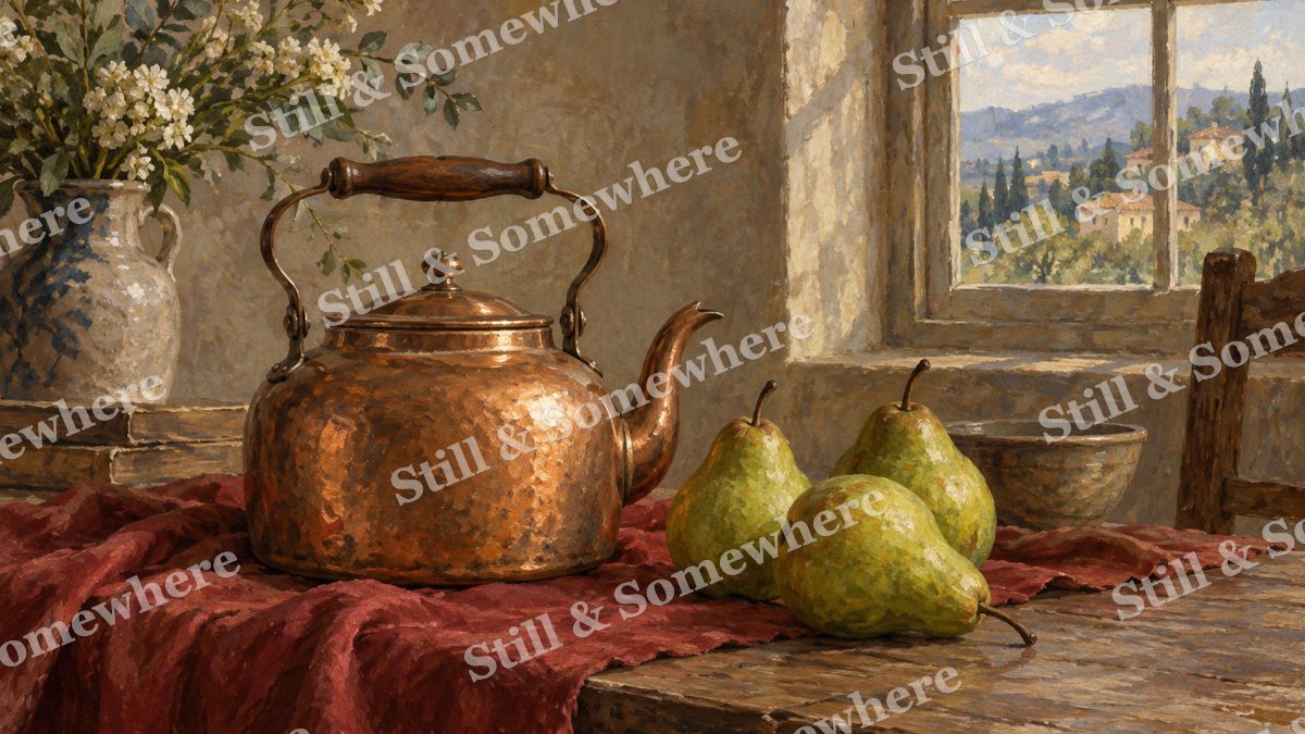 Copper Kettle and Green Pears, paintings artwork preview