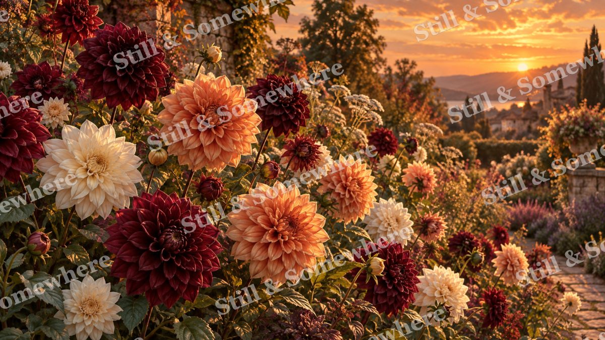 Dahlia Border in Copper Light, gardens artwork preview