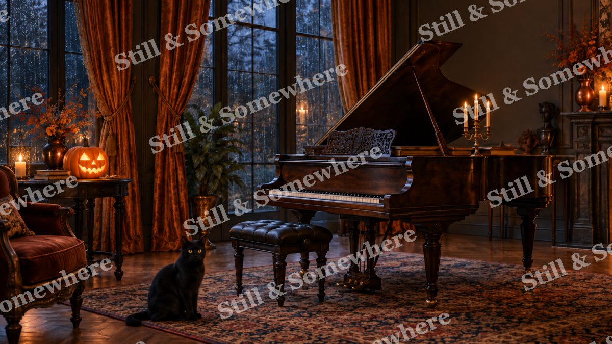Black Cat by the Grand Piano, halloween artwork preview