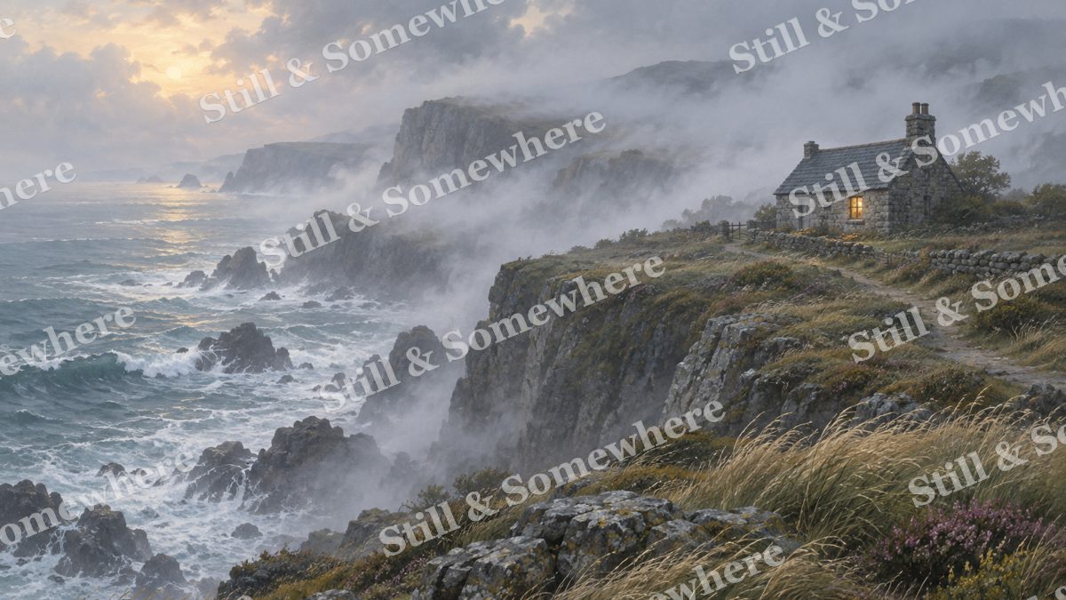 Clifftop Cottage in Sea Mist, cottages artwork preview