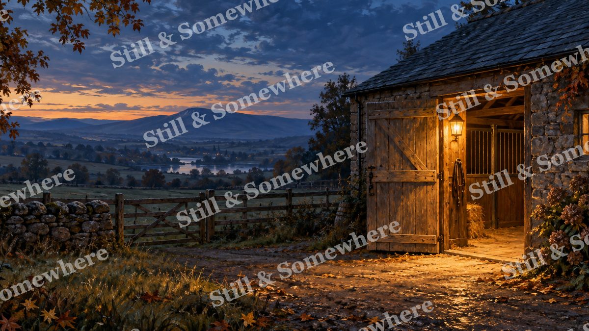 Lantern Glow at the Stable Door, early autumn countryside artwork preview