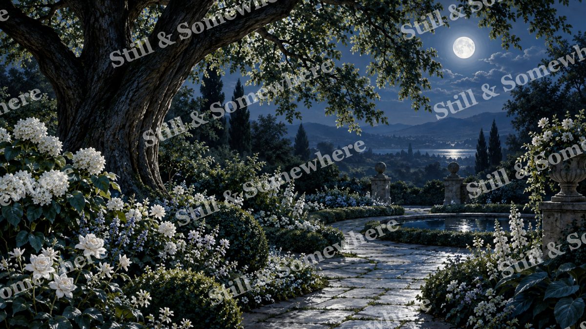 Moonlit Garden beneath the Elm, gardens artwork preview