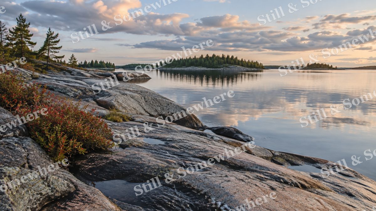 Landscapes Soft Clouds Above a Granite Shore, peaceful landscapes artwork preview