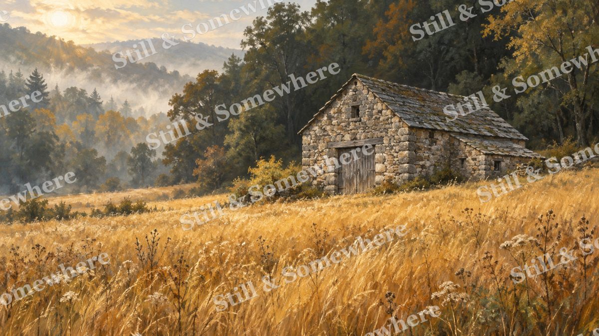 Stone Barn among Golden Grasses, early autumn countryside artwork preview