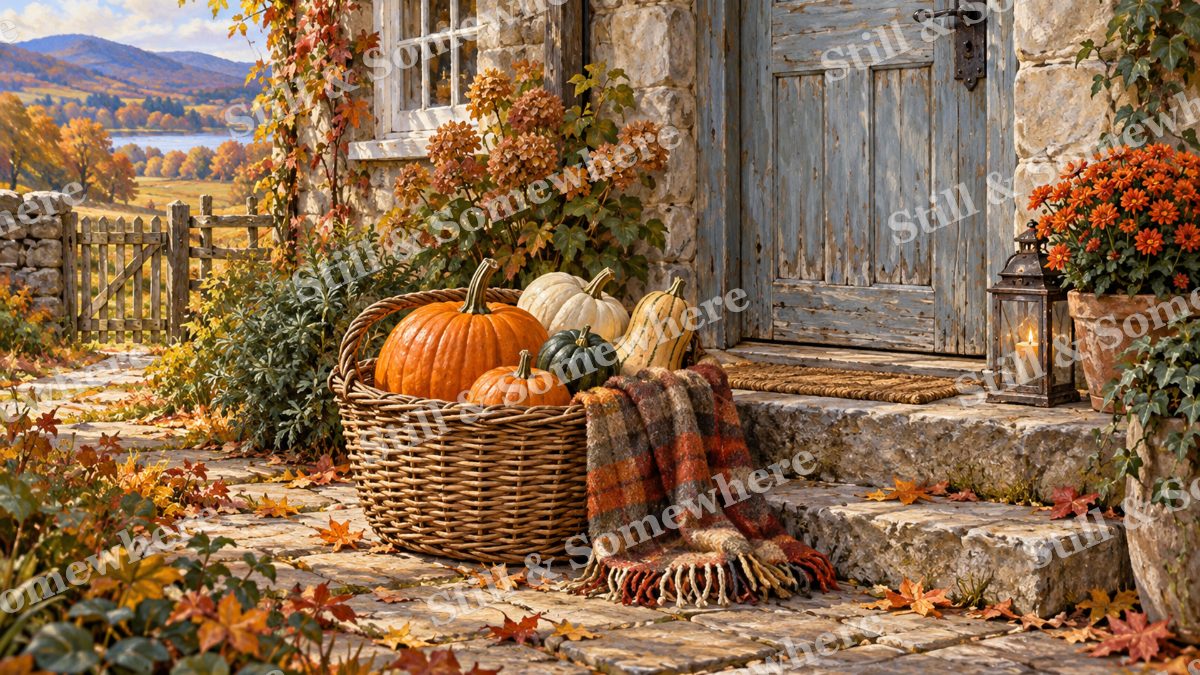 Pumpkin Basket on the Back Step, cottages artwork preview