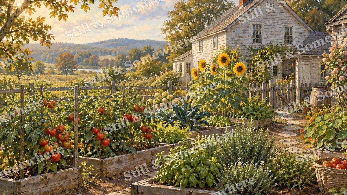 Kitchen Garden behind the Farmhouse, early autumn countryside artwork preview