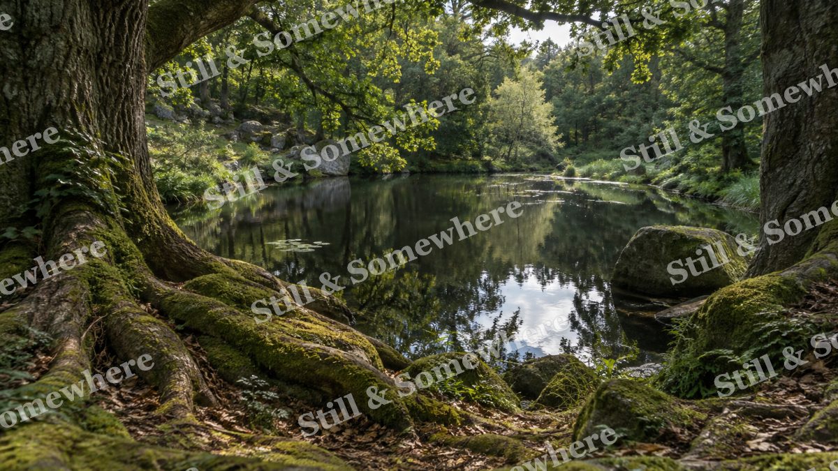 Landscapes Still Pond Among Ancient Oak Roots, peaceful landscapes artwork preview