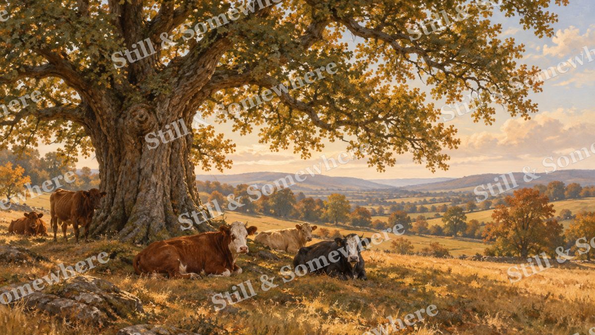 Cattle beneath the Ancient Oak, early autumn countryside artwork preview