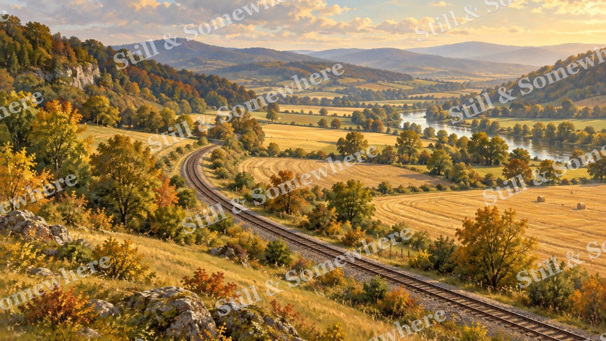 Railway through the Farming Valley, early autumn countryside artwork preview