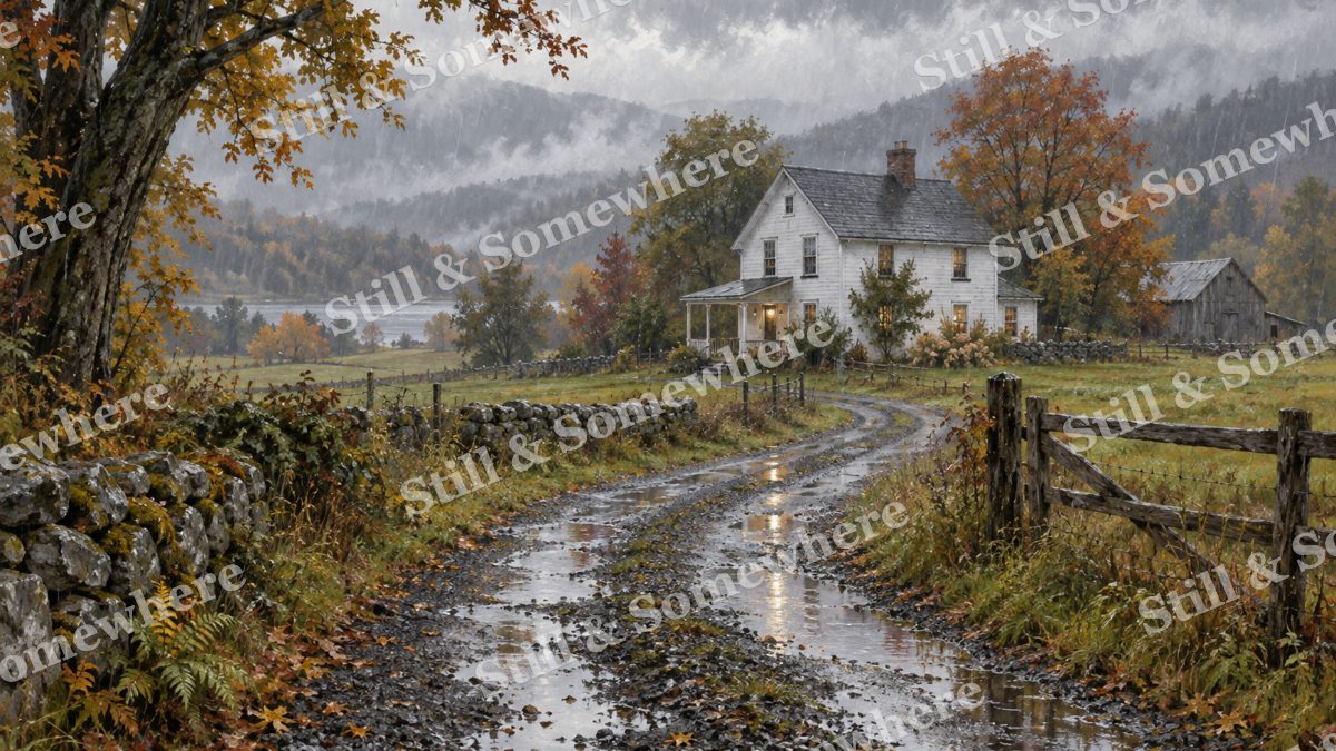 Old Farmhouse in September Rain, early autumn countryside artwork preview