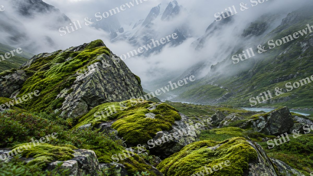 Mossy Boulders Fog, mountains artwork preview