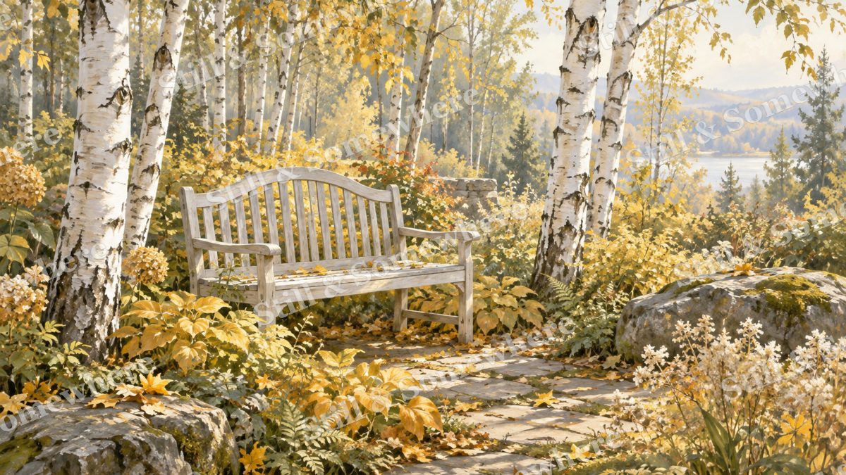 Quiet Bench in the Birch Garden, gardens artwork preview