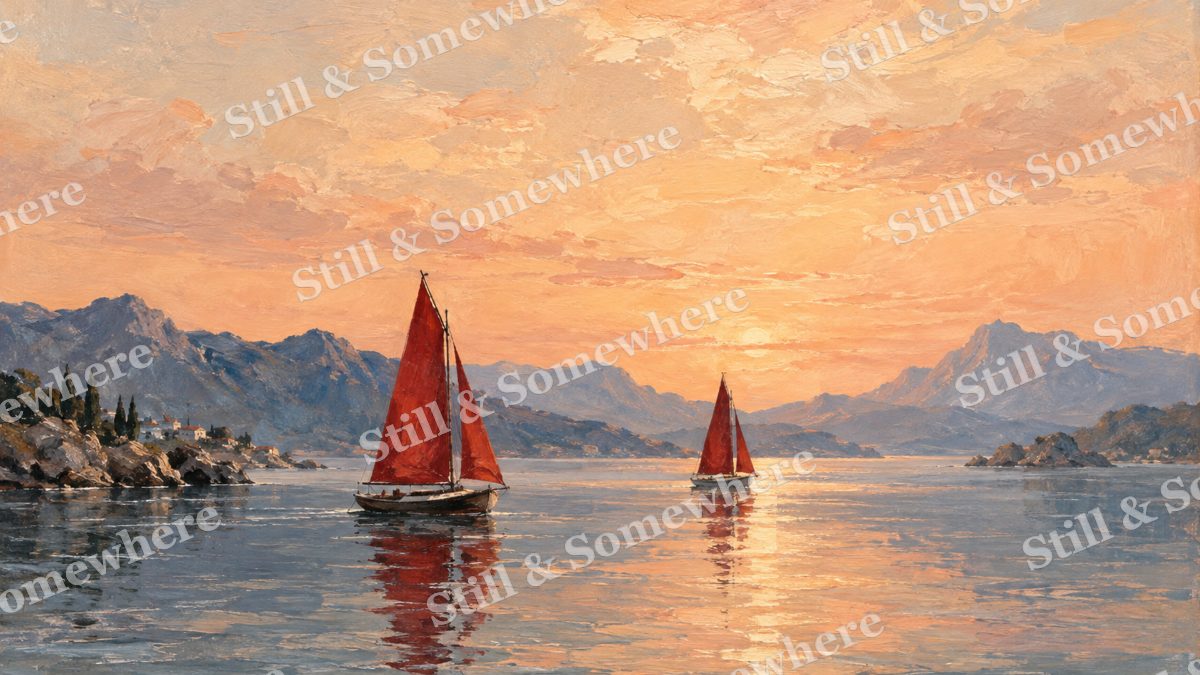 Crimson Sails on Quiet Water, paintings artwork preview