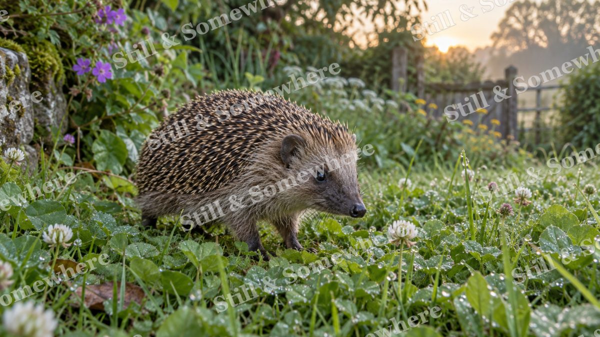 Hedgehog Garden Dew, wildlife artwork preview