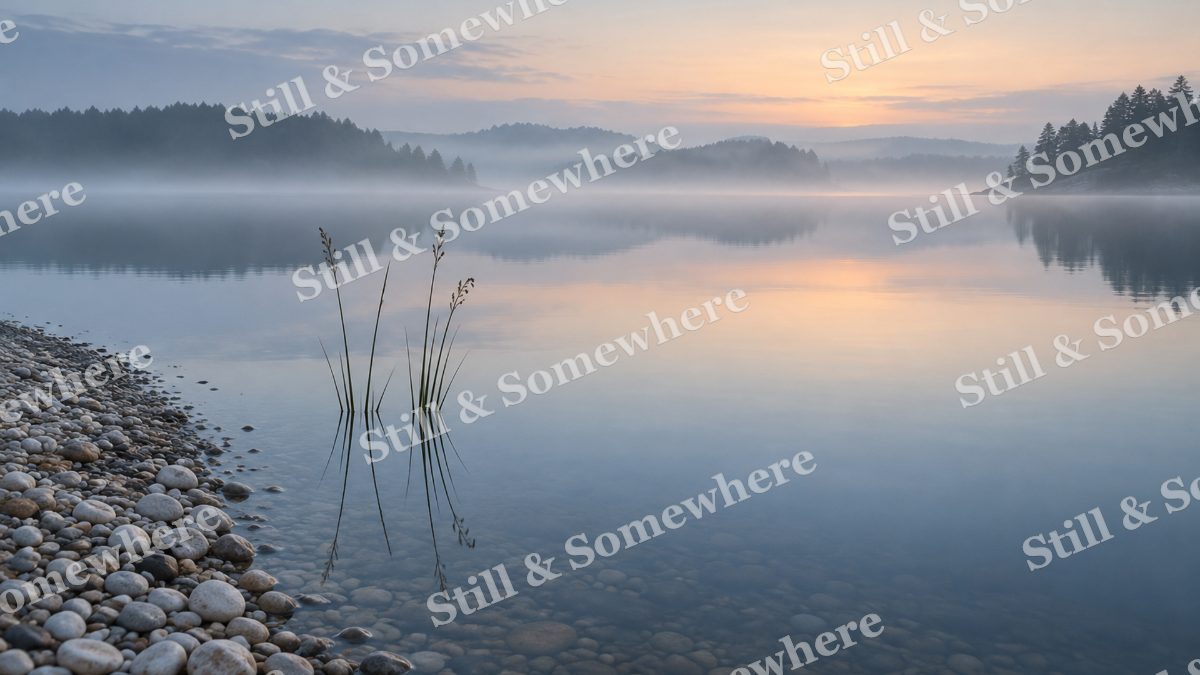 Landscapes Pearl Mist Over a Pebble Inlet, peaceful landscapes artwork preview