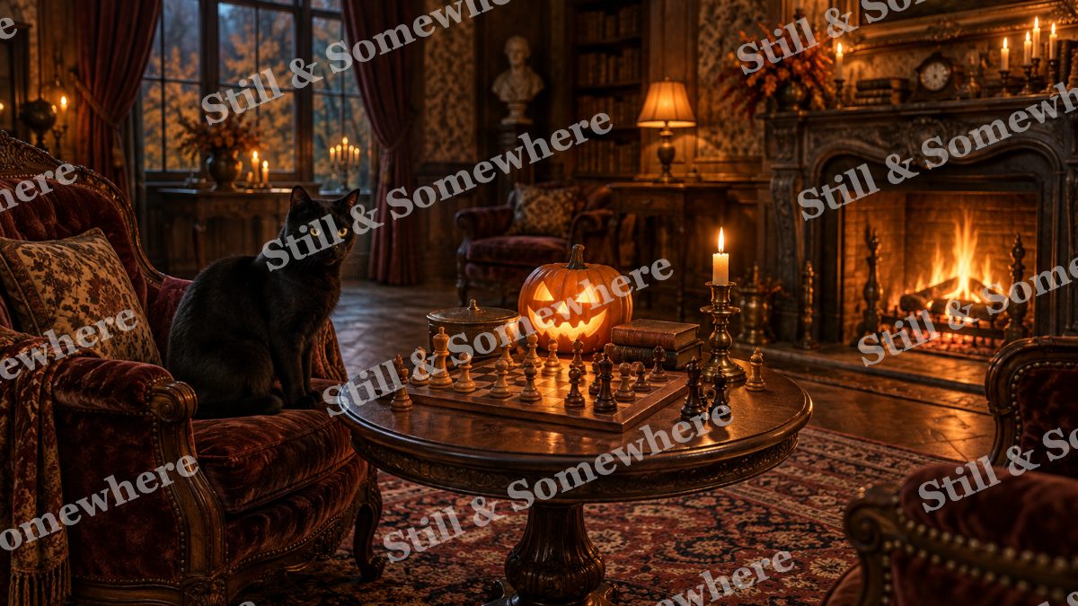 Black Cat at the Chess Table, halloween artwork preview