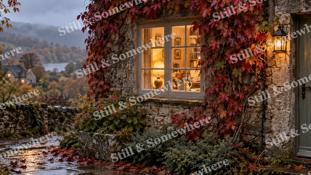 October Cottage Window, fall artwork preview