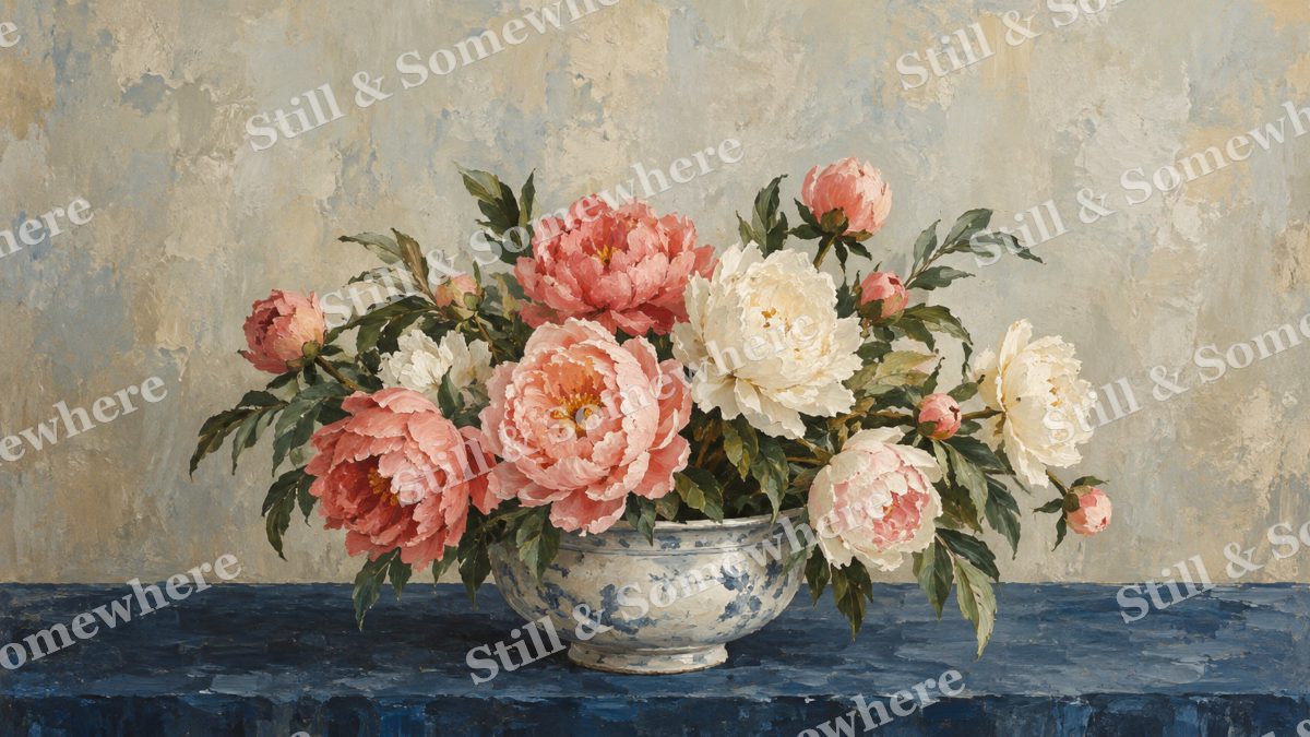 Peonies in a Blue Porcelain Bowl, paintings artwork preview