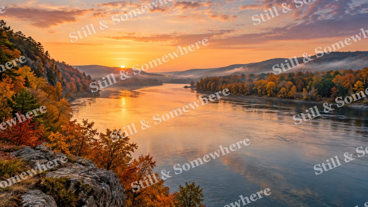 Autumn Sunrise through the River Gap, peaceful landscapes artwork preview