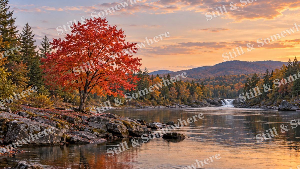 Red Maple and the Distant Falls, peaceful landscapes artwork preview