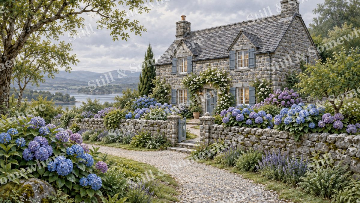 Hydrangeas along the Stone Wall, cottages artwork preview
