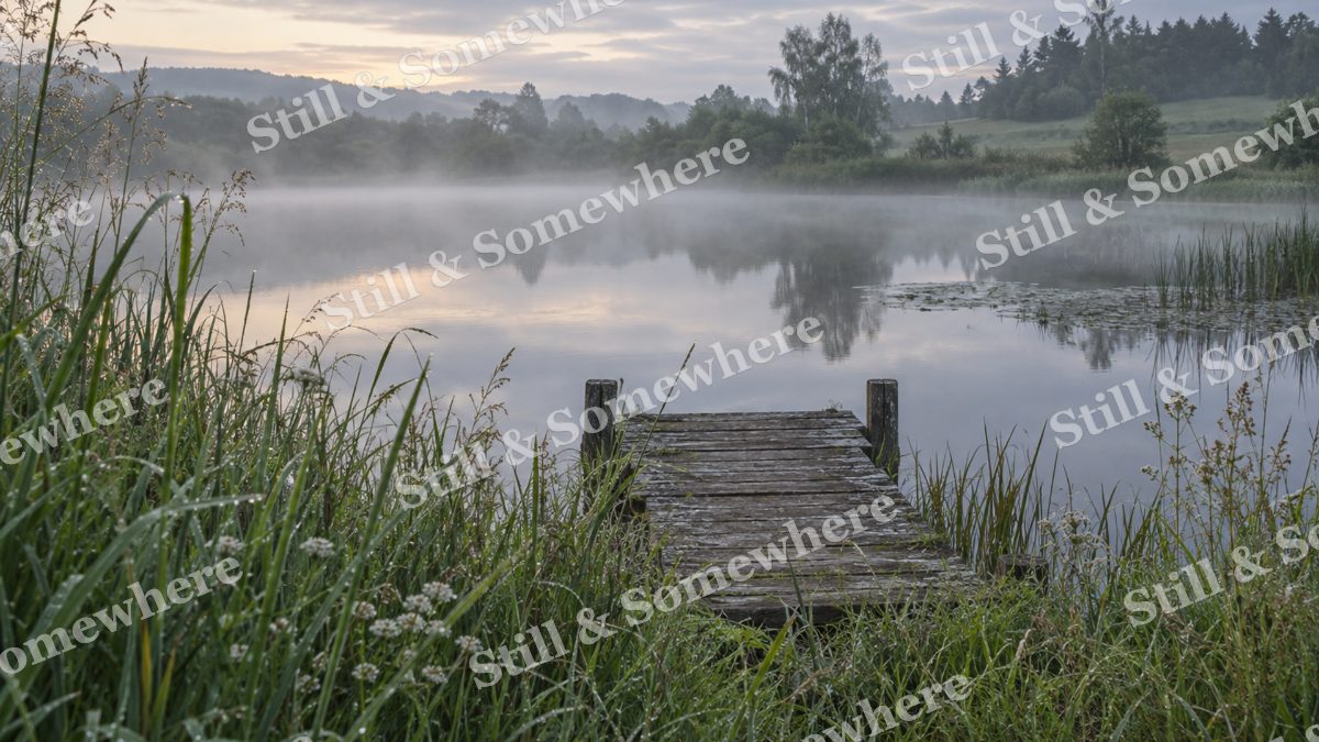 Landscapes Dewy Grasses Beside a Secluded Wooden Jetty, peaceful landscapes artwork preview
