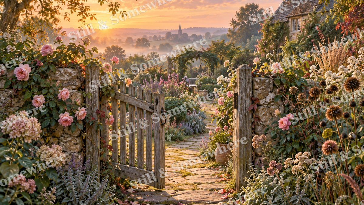 Cottage Garden Gate at Sunrise, gardens artwork preview
