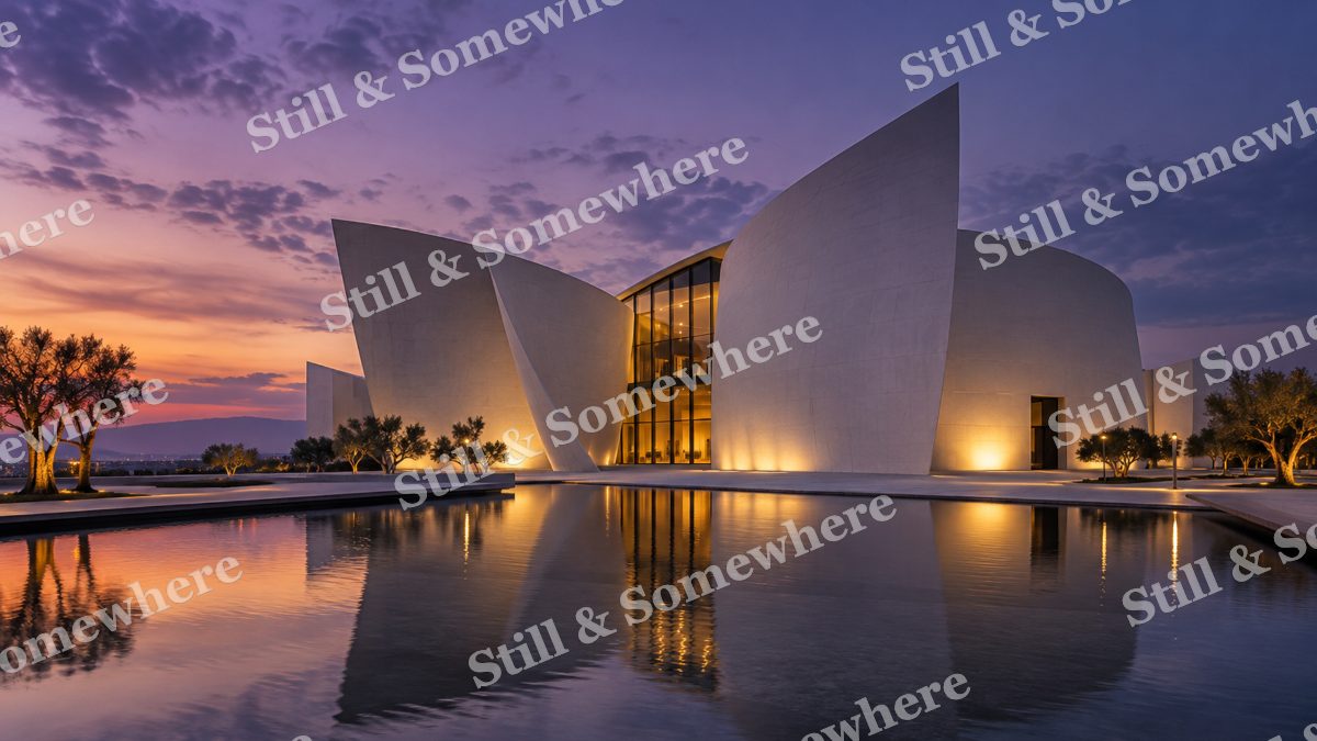 Lights Museum Facade in Violet Dusk, city lights artwork preview