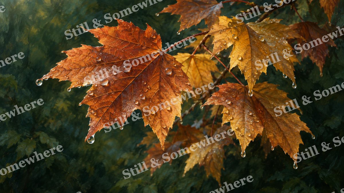 Copper Maple Leaves in Morning Dew, botanicals artwork preview