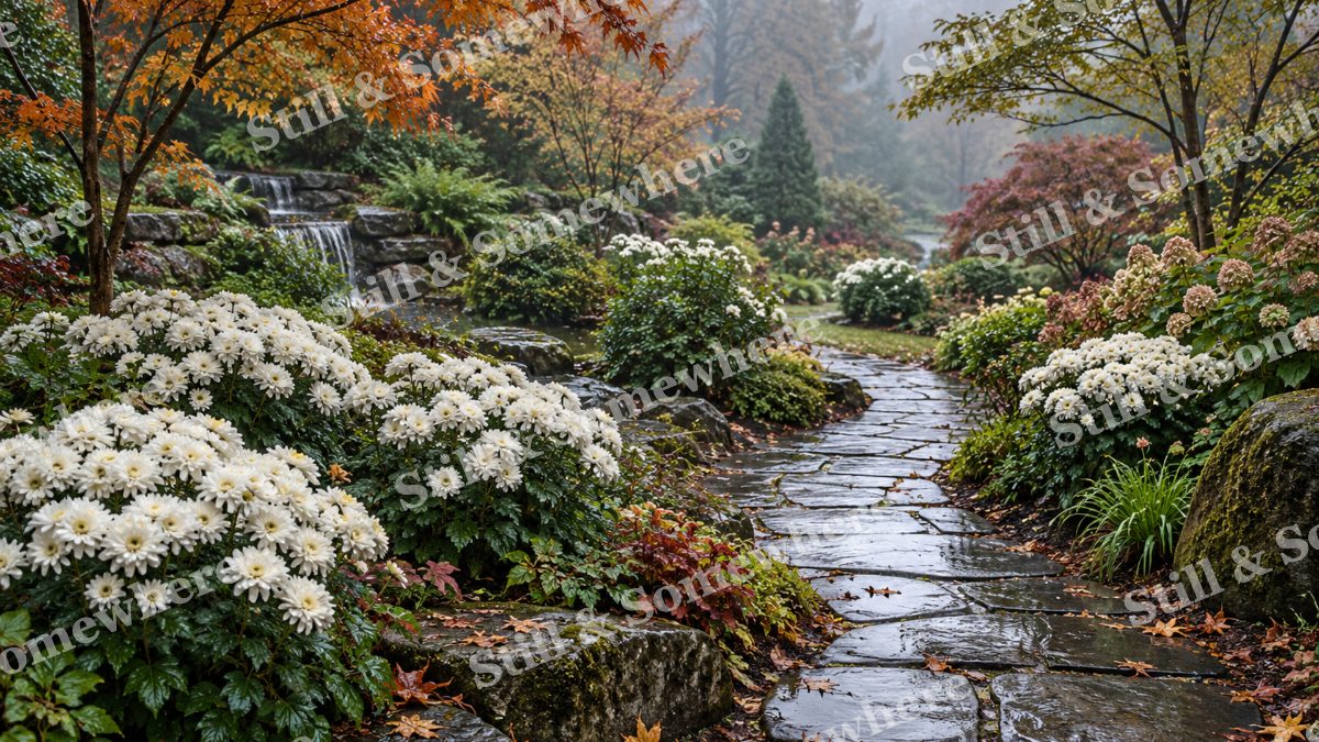 White Chrysanthemums after Rain, gardens artwork preview