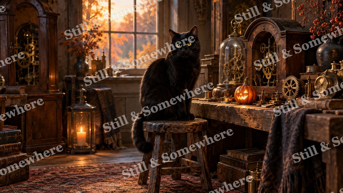 Black Cat in the Clockmakers Room, halloween artwork preview