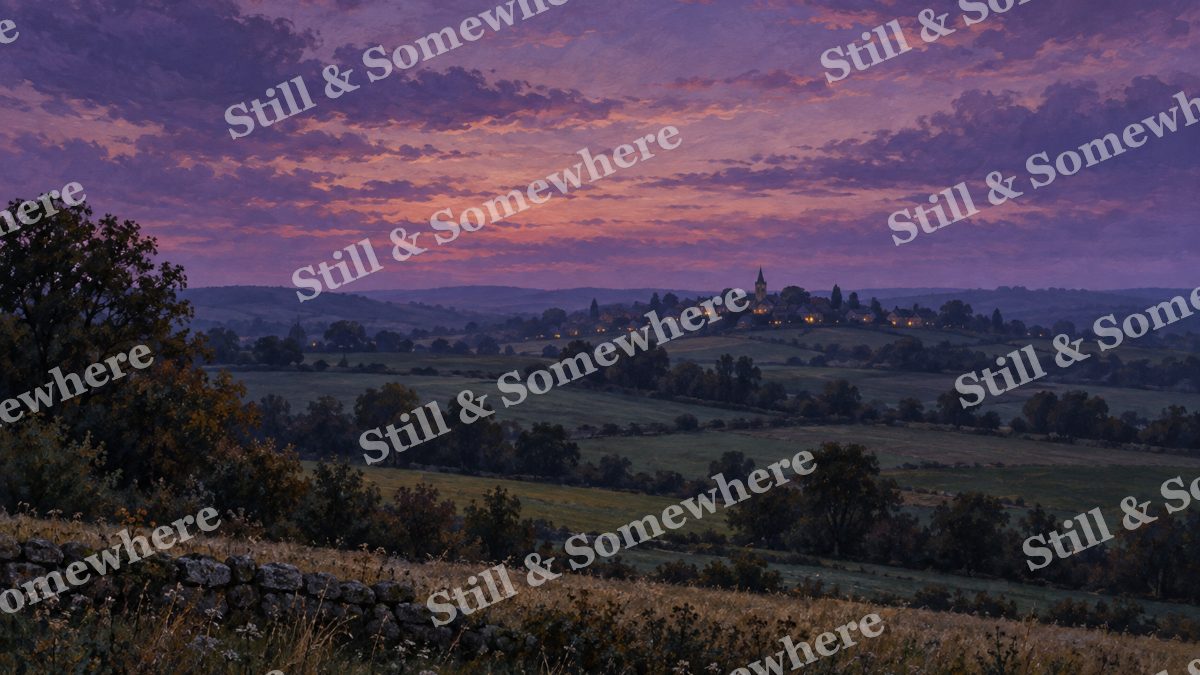 Evening Lights in the Distant Village, early autumn countryside artwork preview