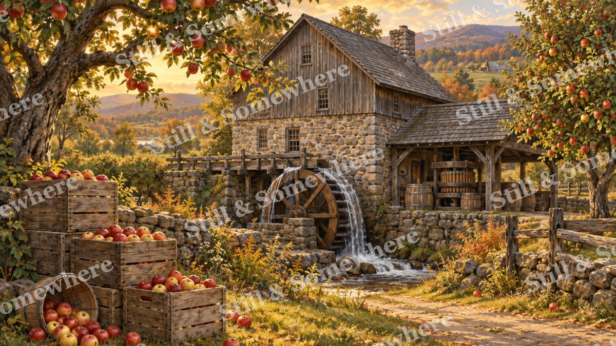 Cider Mill beside the Orchard, early autumn countryside artwork preview