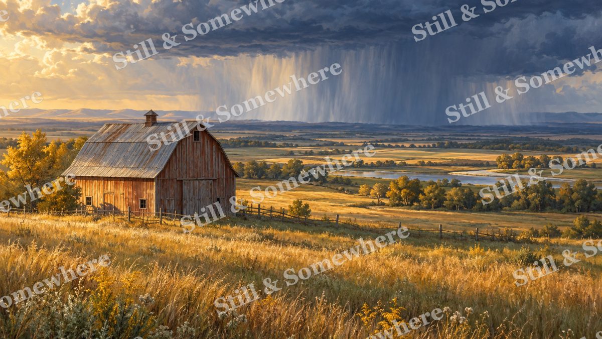 Rain Moving across the Prairie Farm, early autumn countryside artwork preview