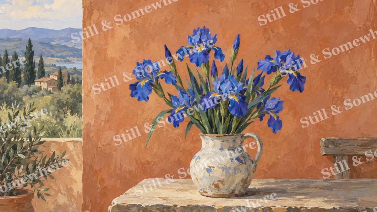 Irises against a Clay Wall, paintings artwork preview