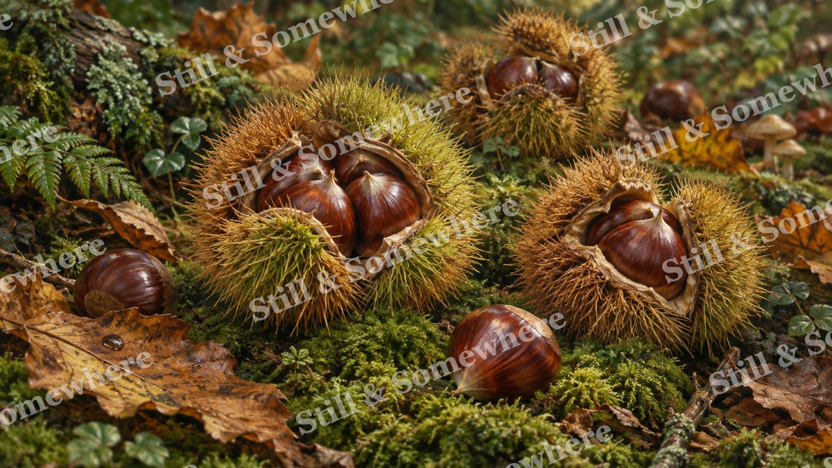 Chestnut Burrs on Moss, botanicals artwork preview